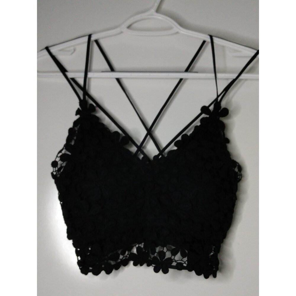 Davi & Dani Women Sz S Boho Bralette Floral Crochet Lace Eyelet Black Wireless